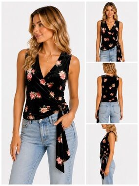 NEW AQUA Black Floral V-Neck Velvet Wrap Tie-Waist Rose Crop Blouse Top $98 Smal